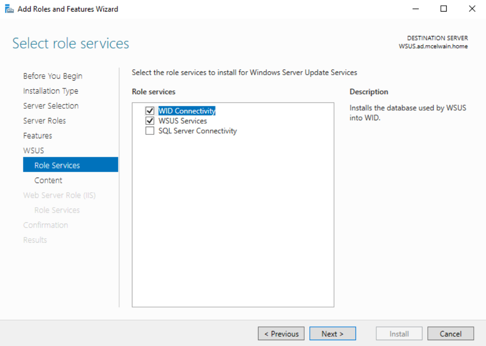 Role Service installs for WSUS